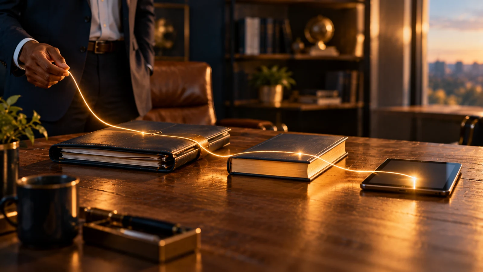 A consulting folder, a book, and a digital tool connected by golden light.