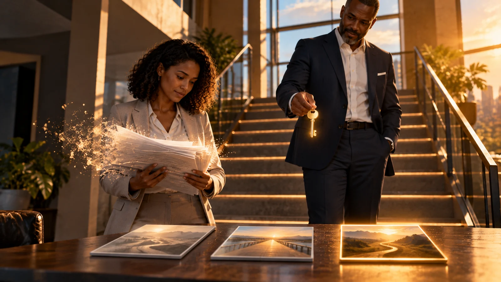 Two professionals on a staircase, one holding papers and the other a golden key.
