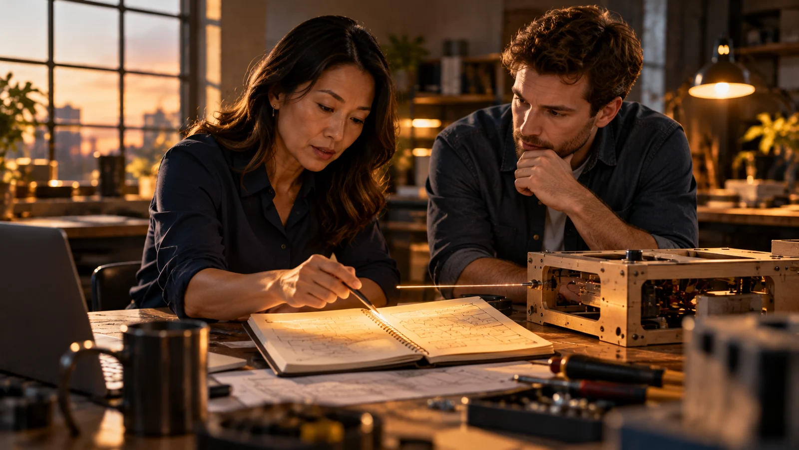 An experienced professional and a younger colleague learning together at a workbench.