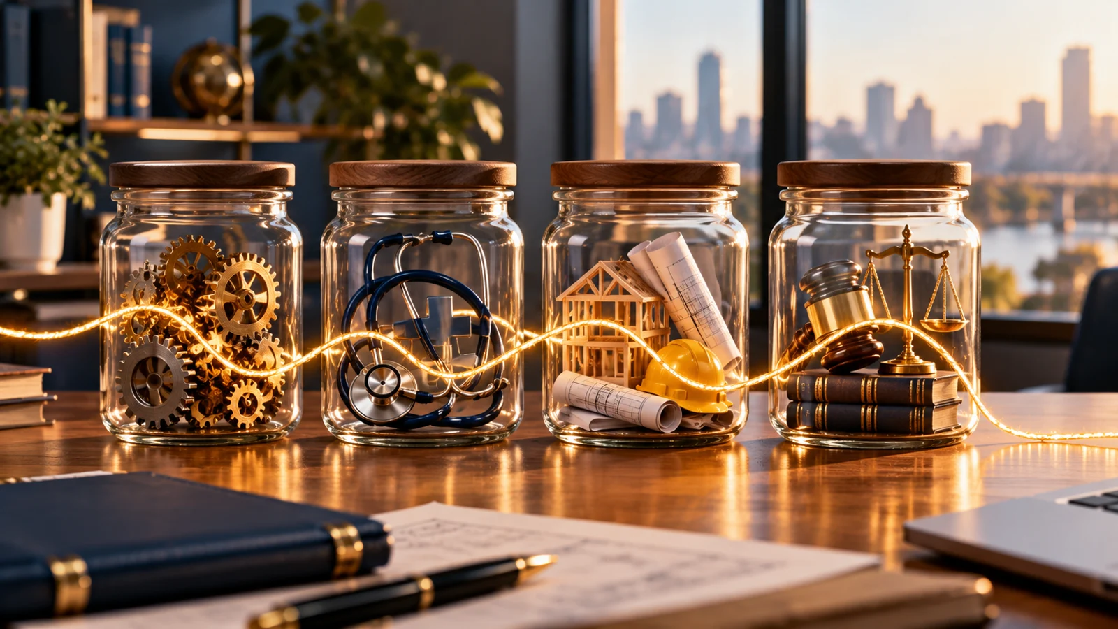A golden thread connecting four glass vessels across a desk.