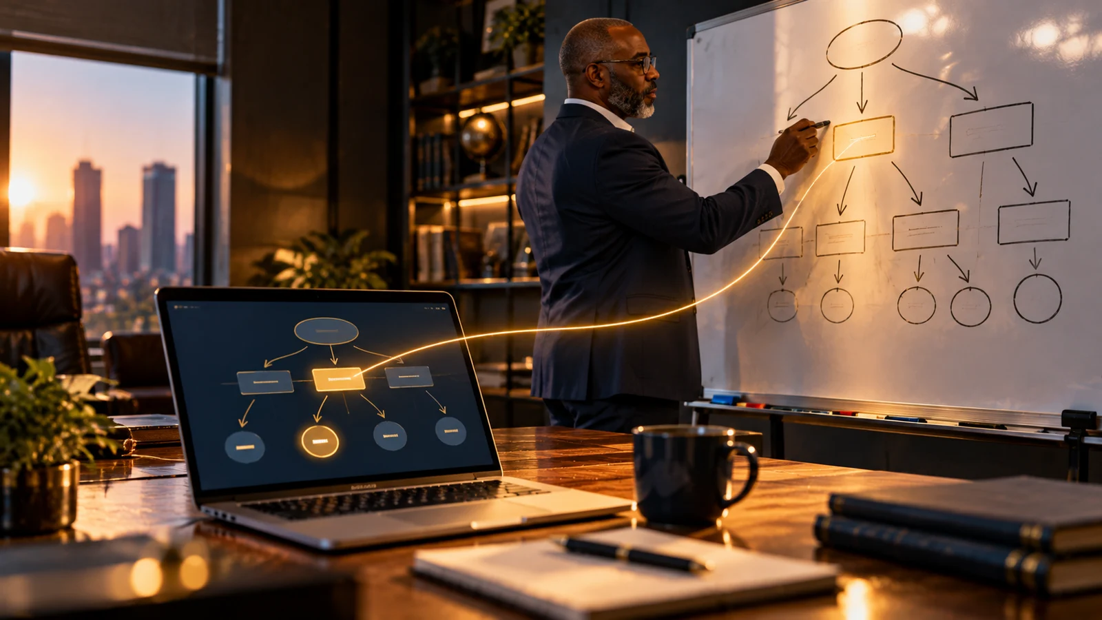 An expert mapping a decision process beside an interactive tool.