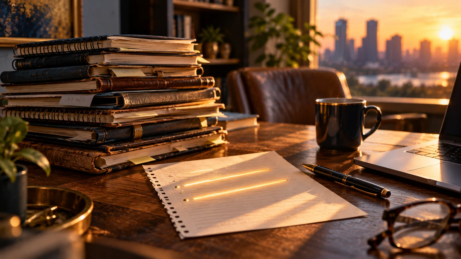 A stack of experience-filled notebooks beside a fresh manuscript.