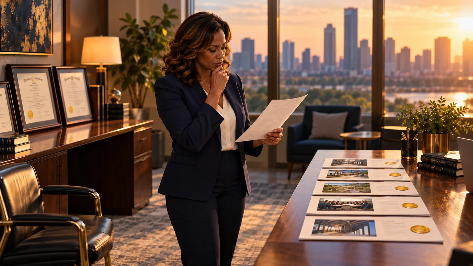 A professional comparing work samples beside framed credentials.