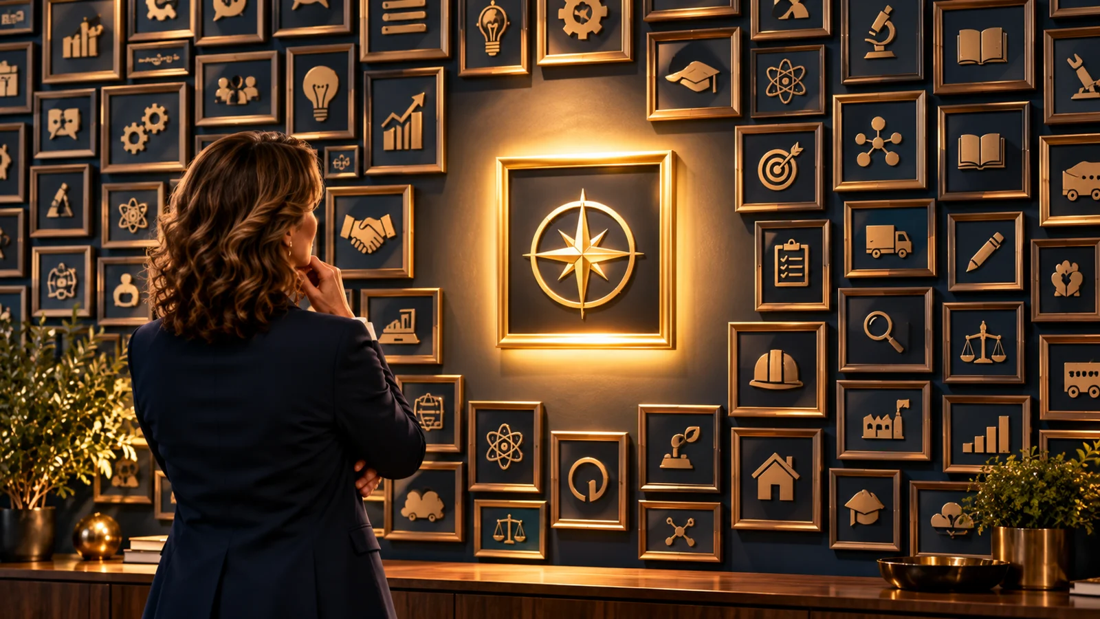 A professional examining a wall of skills with one compass illuminated.