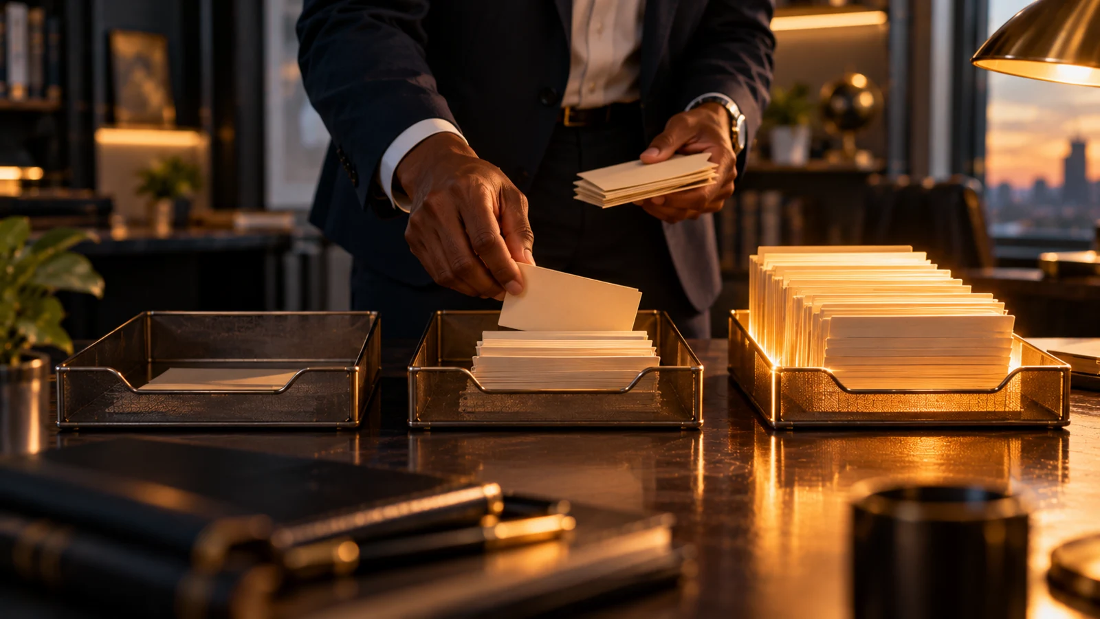 A hand sorting work cards into three trays.