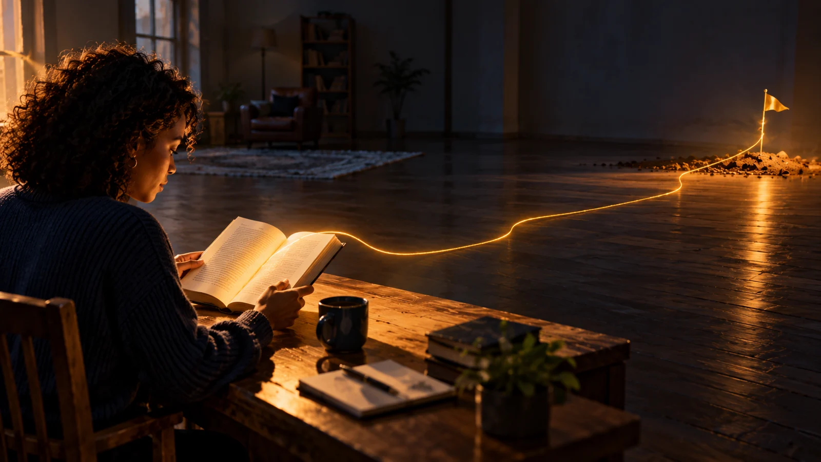 A writer following a golden path from an open book toward a lighthouse.